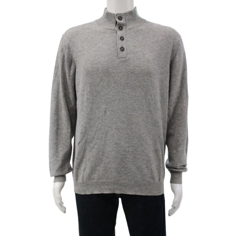 Kinross Cashmere Mens Henley Pullover Mock Neck Button Cashmere Gray Size L